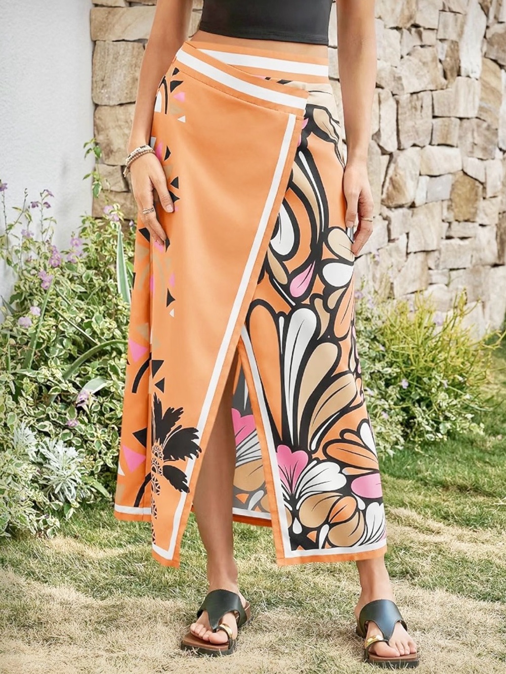 Brand New! Orange Tropical Wrap Maxi Skirt with Pink & Cream Accents (Size: L)